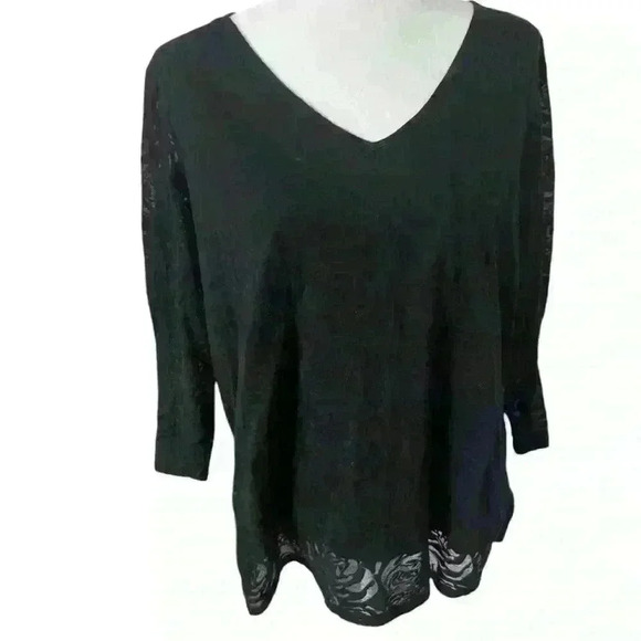 Coldwater Creek Black Floral Burnout Top 1X - Sheer, V-Neck, 3/4 Sleeve Blouse - Picture 1 of 4